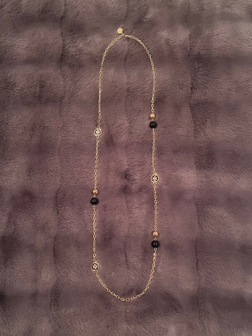 Tory Burch Logo Charm with Black/Gold Beads Toggle Long Necklace - NWOT